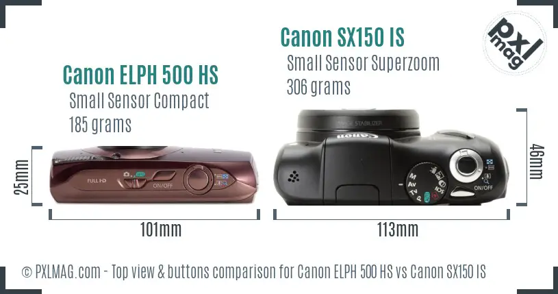 Canon ELPH 500 HS vs Canon SX150 IS top view buttons comparison