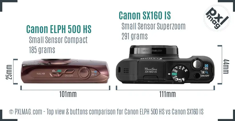 Canon ELPH 500 HS vs Canon SX160 IS top view buttons comparison