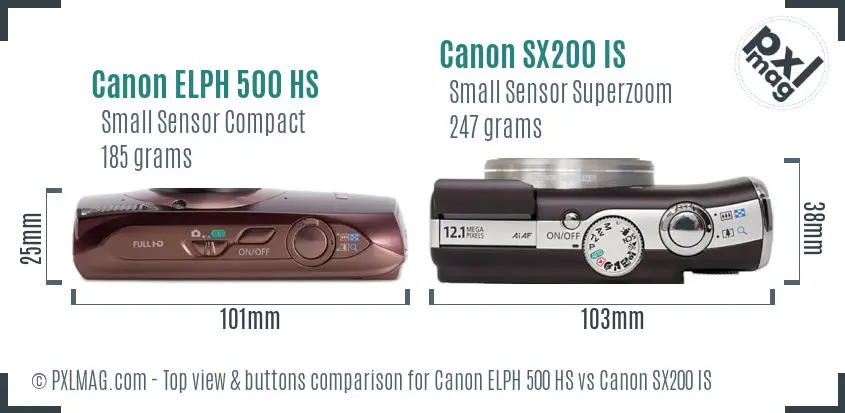 Canon ELPH 500 HS vs Canon SX200 IS top view buttons comparison