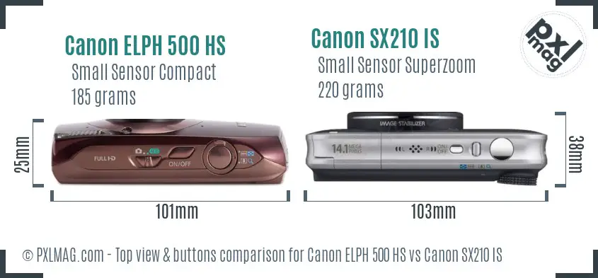 Canon ELPH 500 HS vs Canon SX210 IS top view buttons comparison Canon ELPH 500 HS vs Canon SX210 IS top view buttons comparison