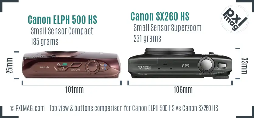 Canon ELPH 500 HS vs Canon SX260 HS top view buttons comparison Canon ELPH 500 HS vs Canon SX260 HS top view buttons comparison