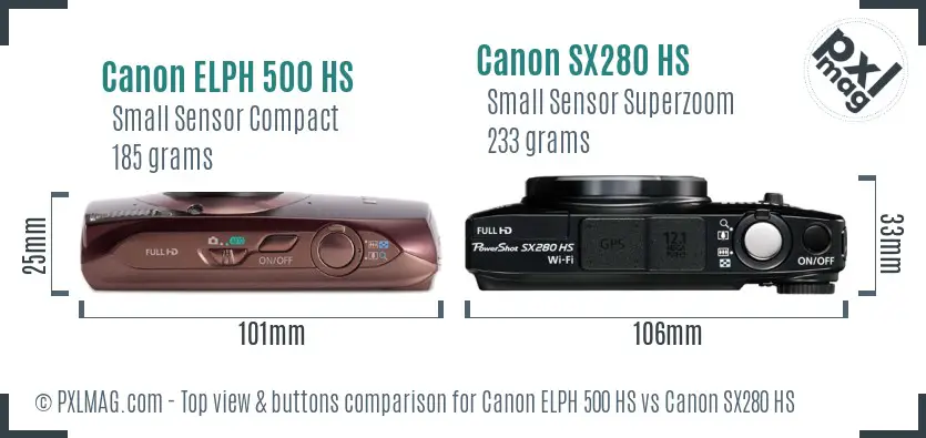Canon ELPH 500 HS vs Canon SX280 HS top view buttons comparison Canon ELPH 500 HS vs Canon SX280 HS top view buttons comparison