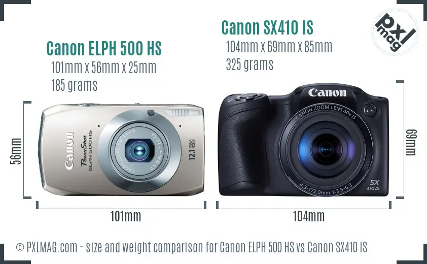 Canon ELPH 500 HS vs Canon SX410 IS size comparison