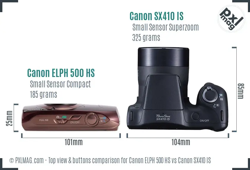 Canon ELPH 500 HS vs Canon SX410 IS top view buttons comparison