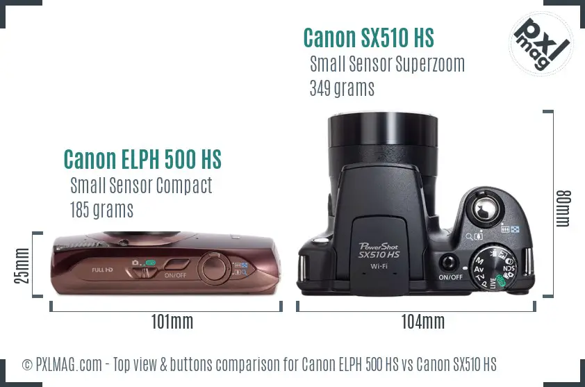 Canon ELPH 500 HS vs Canon SX510 HS top view buttons comparison