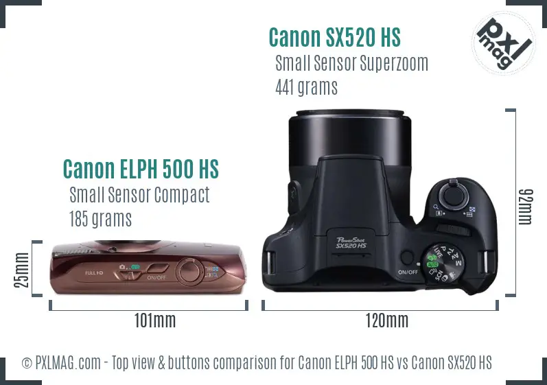 Canon ELPH 500 HS vs Canon SX520 HS top view buttons comparison