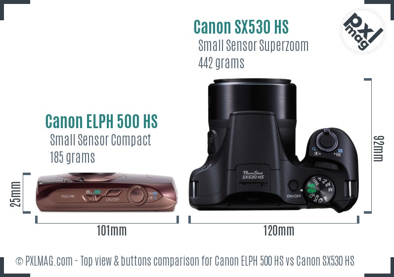 Canon ELPH 500 HS vs Canon SX530 HS top view buttons comparison