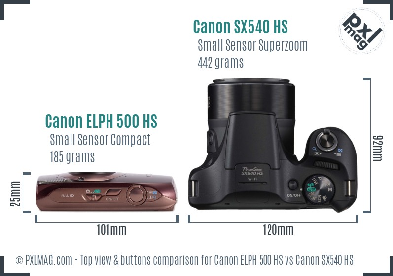 Canon ELPH 500 HS vs Canon SX540 HS top view buttons comparison