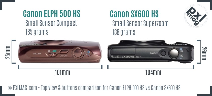 Canon ELPH 500 HS vs Canon SX600 HS top view buttons comparison