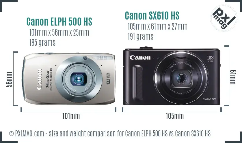 Canon ELPH 500 HS vs Canon SX610 HS size comparison