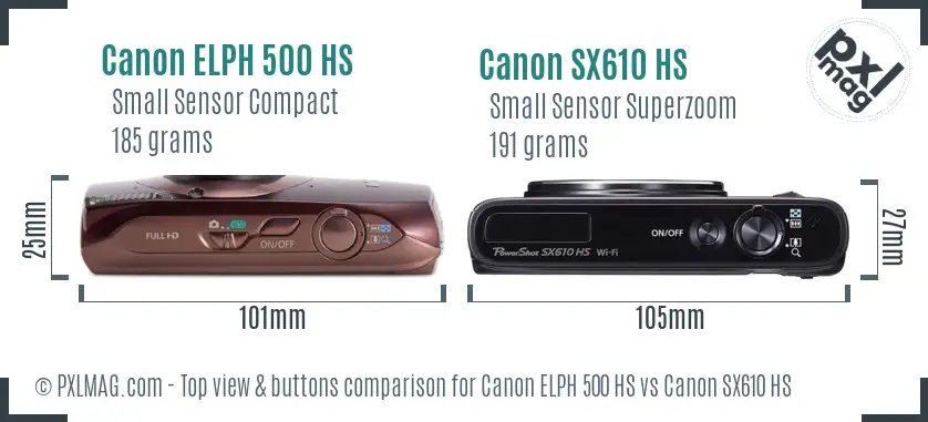 Canon ELPH 500 HS vs Canon SX610 HS top view buttons comparison