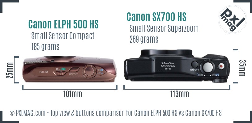 Canon ELPH 500 HS vs Canon SX700 HS top view buttons comparison