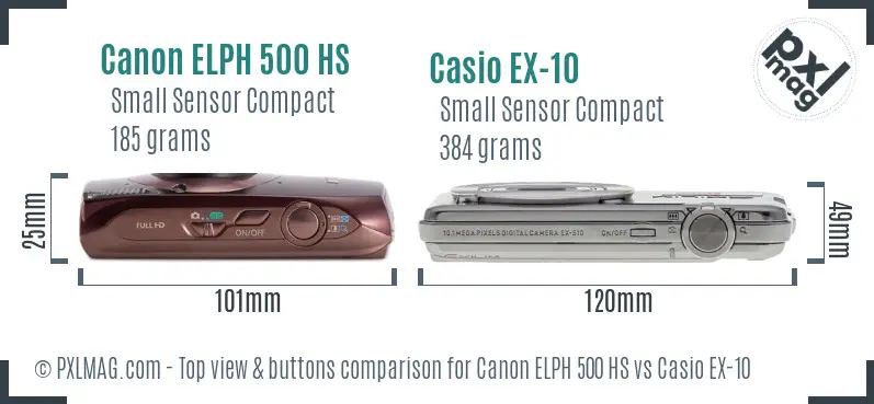 Canon ELPH 500 HS vs Casio EX-10 top view buttons comparison
