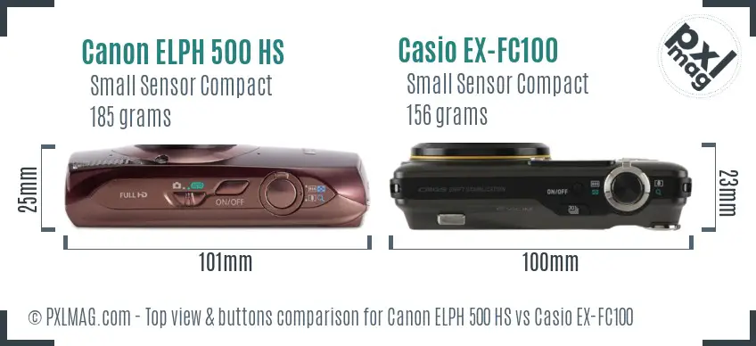 Canon ELPH 500 HS vs Casio EX-FC100 top view buttons comparison
