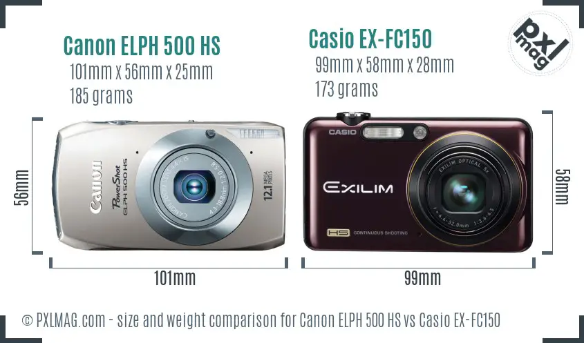 Canon ELPH 500 HS vs Casio EX-FC150 size comparison