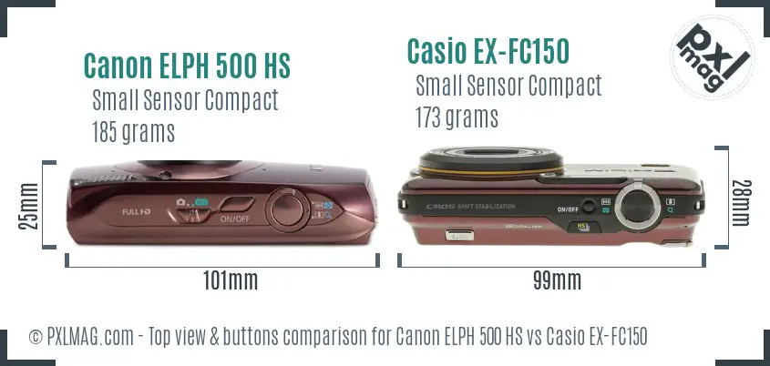 Canon ELPH 500 HS vs Casio EX-FC150 top view buttons comparison
