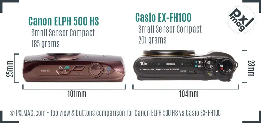 Canon ELPH 500 HS vs Casio EX-FH100 top view buttons comparison Canon ELPH 500 HS vs Casio EX-FH100 top view buttons comparison