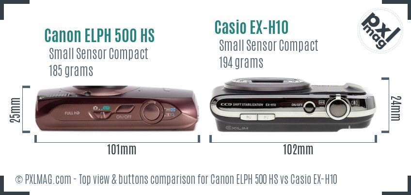 Canon ELPH 500 HS vs Casio EX-H10 top view buttons comparison