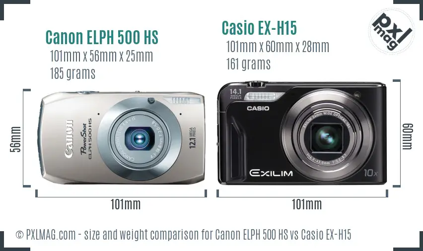 Canon ELPH 500 HS vs Casio EX-H15 size comparison