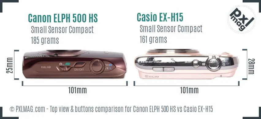 Canon ELPH 500 HS vs Casio EX-H15 top view buttons comparison