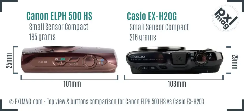 Canon ELPH 500 HS vs Casio EX-H20G top view buttons comparison