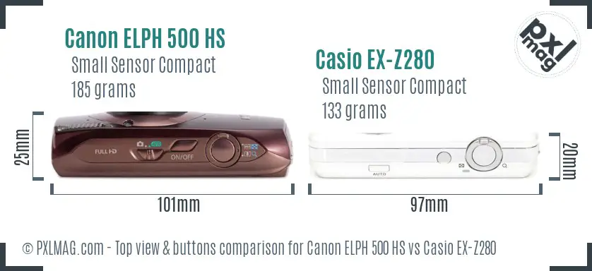 Canon ELPH 500 HS vs Casio EX-Z280 top view buttons comparison