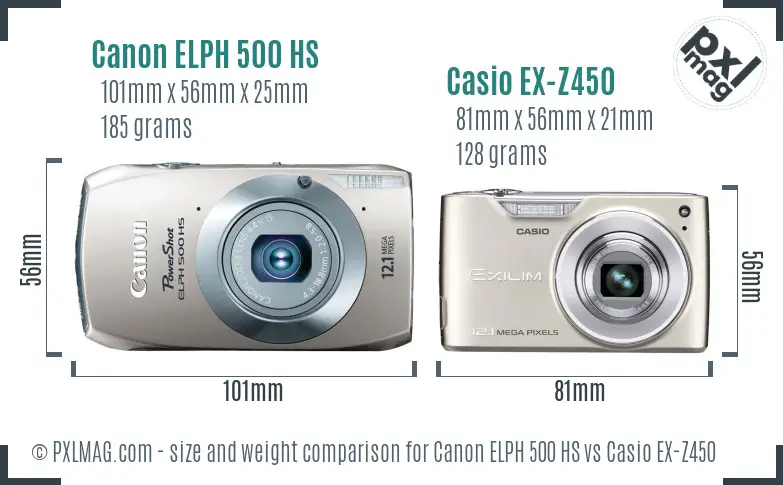 Canon ELPH 500 HS vs Casio EX-Z450 size comparison