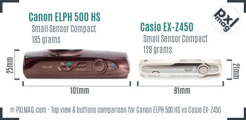 Canon ELPH 500 HS vs Casio EX-Z450 top view buttons comparison