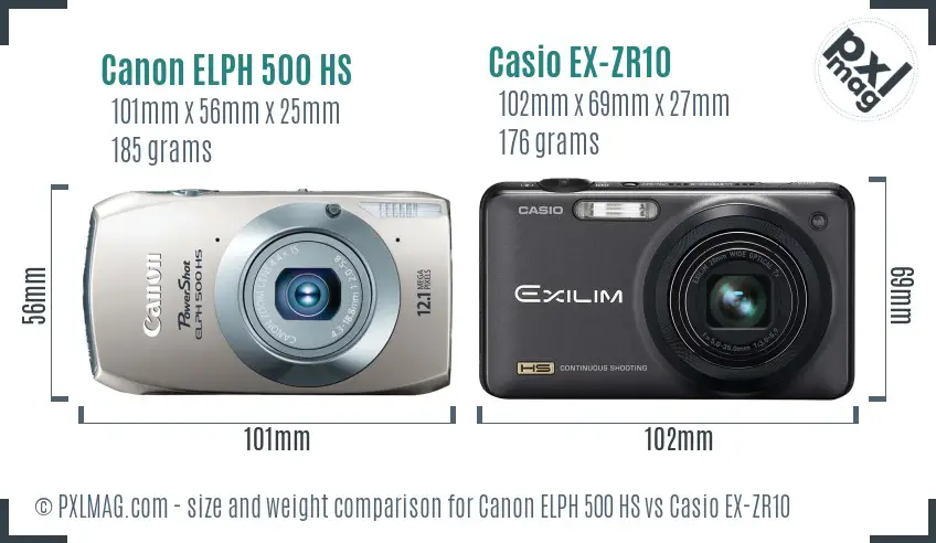Canon ELPH 500 HS vs Casio EX-ZR10 size comparison