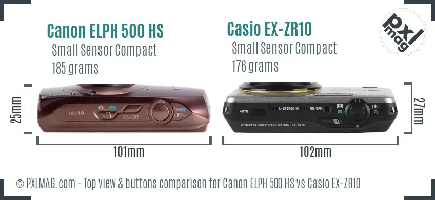 Canon ELPH 500 HS vs Casio EX-ZR10 top view buttons comparison