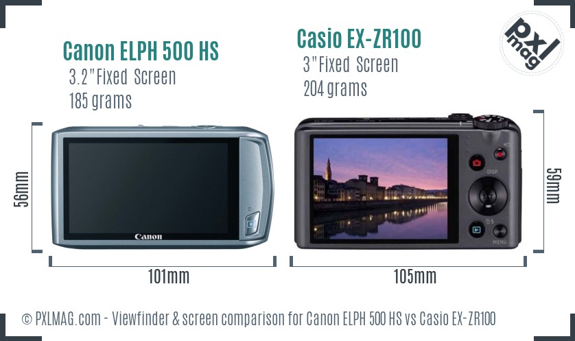Canon ELPH 500 HS vs Casio EX-ZR100 Screen and Viewfinder comparison