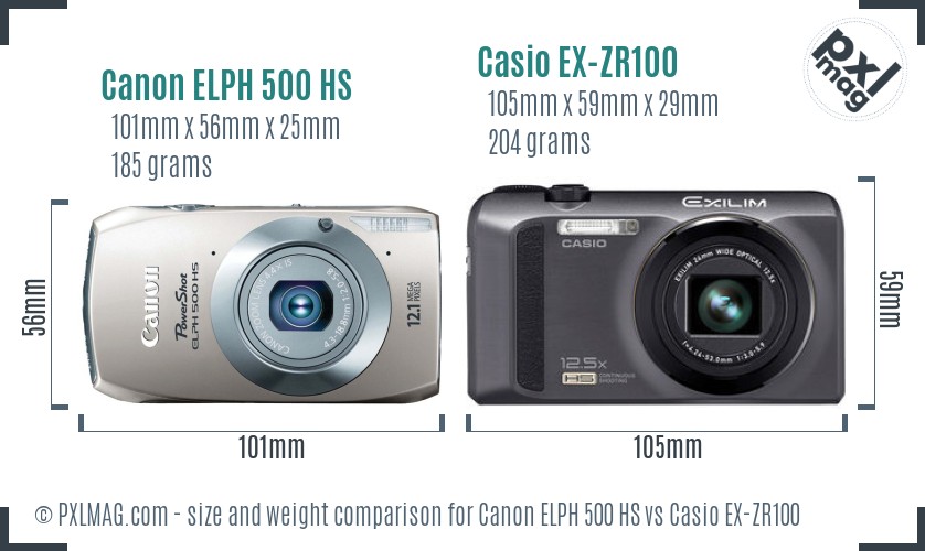 Canon ELPH 500 HS vs Casio EX-ZR100 size comparison