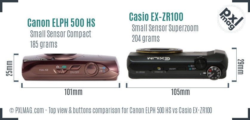 Canon ELPH 500 HS vs Casio EX-ZR100 top view buttons comparison