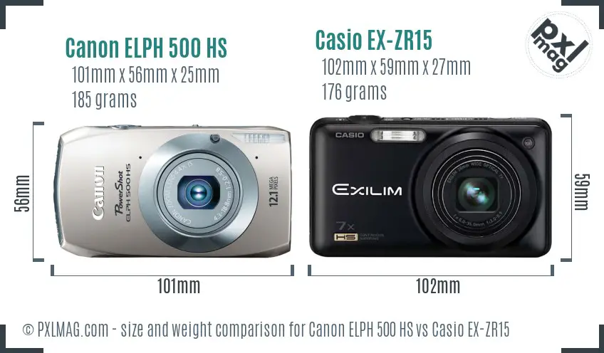 Canon ELPH 500 HS vs Casio EX-ZR15 size comparison