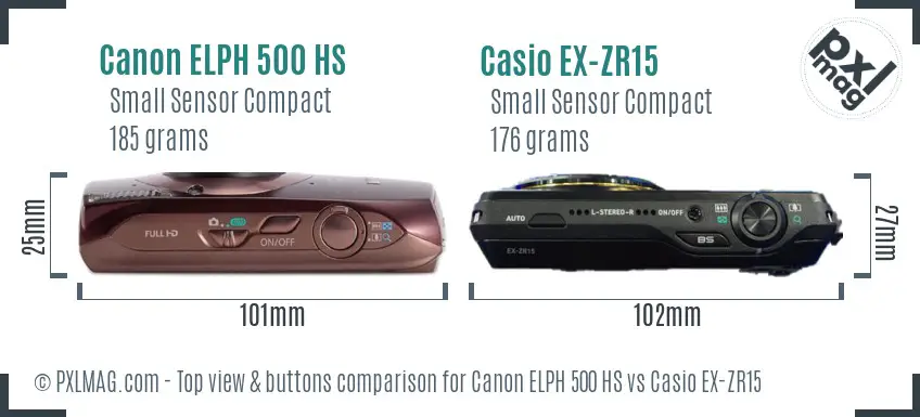 Canon ELPH 500 HS vs Casio EX-ZR15 top view buttons comparison