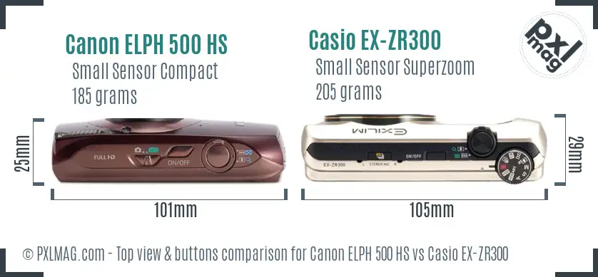 Canon ELPH 500 HS vs Casio EX-ZR300 top view buttons comparison