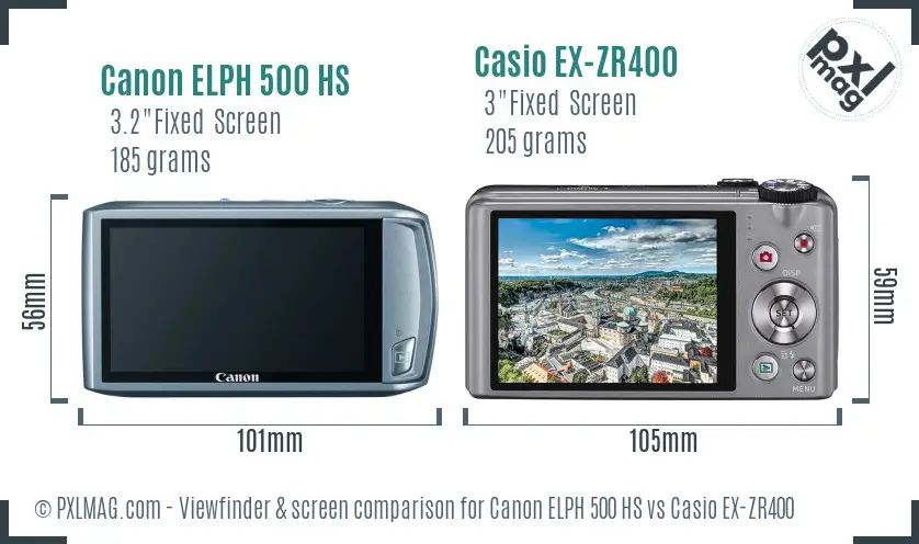 Canon ELPH 500 HS vs Casio EX-ZR400 Screen and Viewfinder comparison