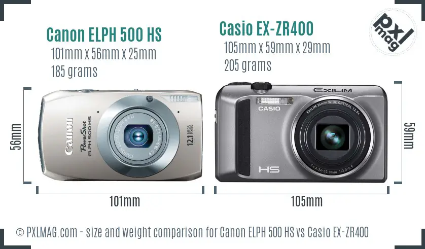 Canon ELPH 500 HS vs Casio EX-ZR400 size comparison