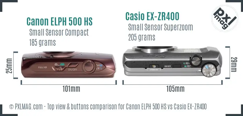 Canon ELPH 500 HS vs Casio EX-ZR400 top view buttons comparison