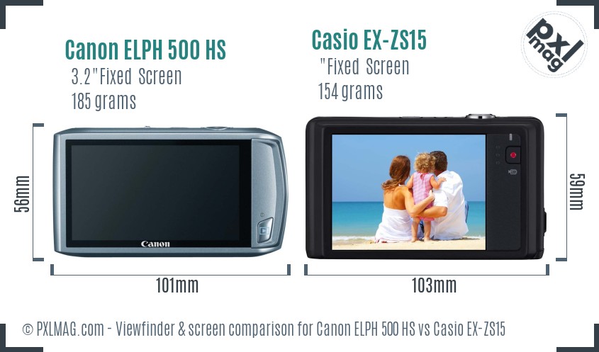 Canon ELPH 500 HS vs Casio EX-ZS15 Screen and Viewfinder comparison