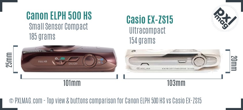 Canon ELPH 500 HS vs Casio EX-ZS15 top view buttons comparison