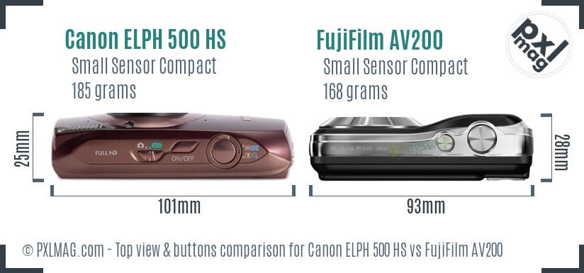 Canon ELPH 500 HS vs FujiFilm AV200 top view buttons comparison