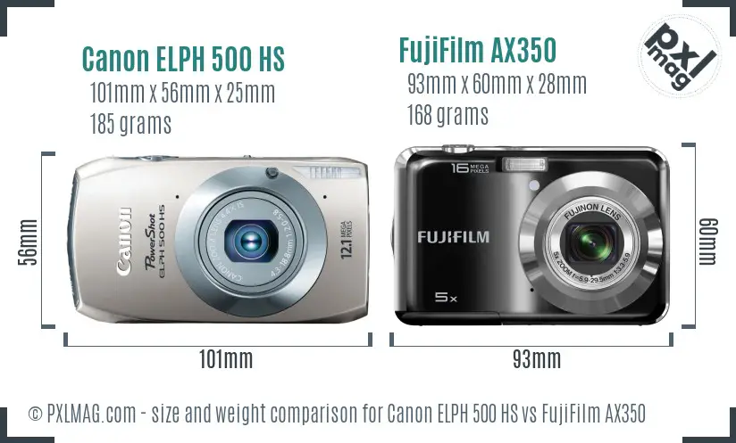 Canon ELPH 500 HS vs FujiFilm AX350 size comparison Canon ELPH 500 HS vs FujiFilm AX350 size comparison