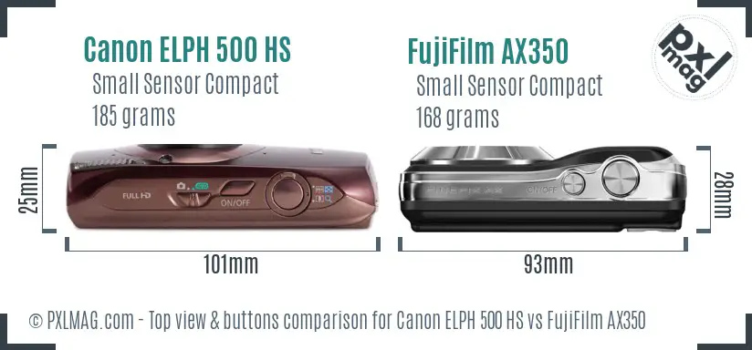 Canon ELPH 500 HS vs FujiFilm AX350 top view buttons comparison Canon ELPH 500 HS vs FujiFilm AX350 top view buttons comparison