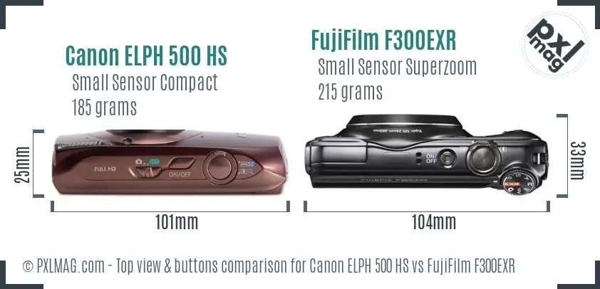 Canon ELPH 500 HS vs FujiFilm F300EXR top view buttons comparison Canon ELPH 500 HS vs FujiFilm F300EXR top view buttons comparison