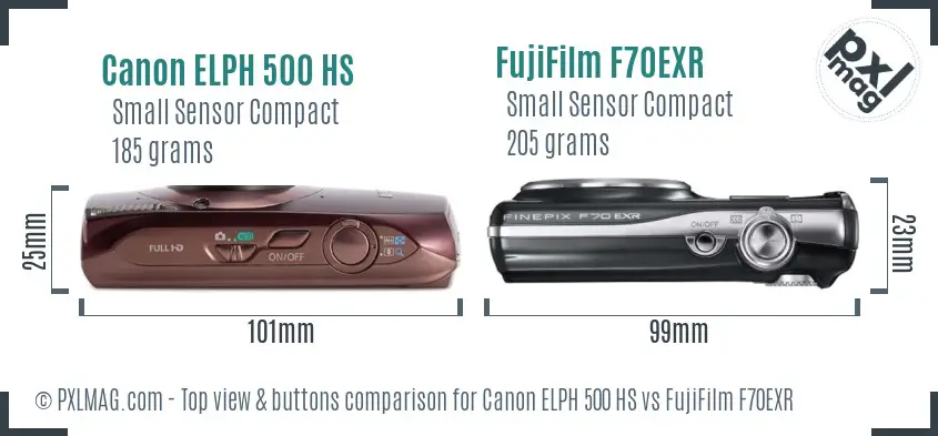 Canon ELPH 500 HS vs FujiFilm F70EXR top view buttons comparison