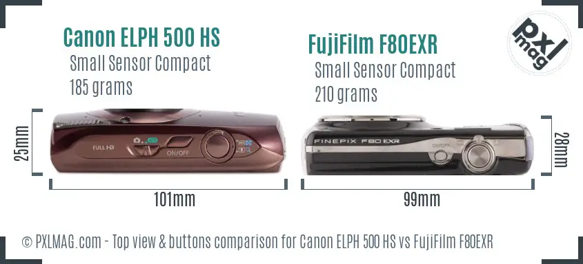 Canon ELPH 500 HS vs FujiFilm F80EXR top view buttons comparison