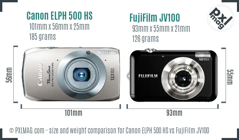 Canon ELPH 500 HS vs FujiFilm JV100 size comparison
