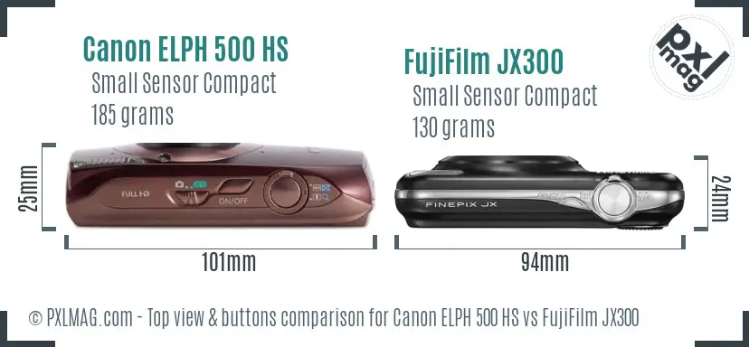 Canon ELPH 500 HS vs FujiFilm JX300 top view buttons comparison