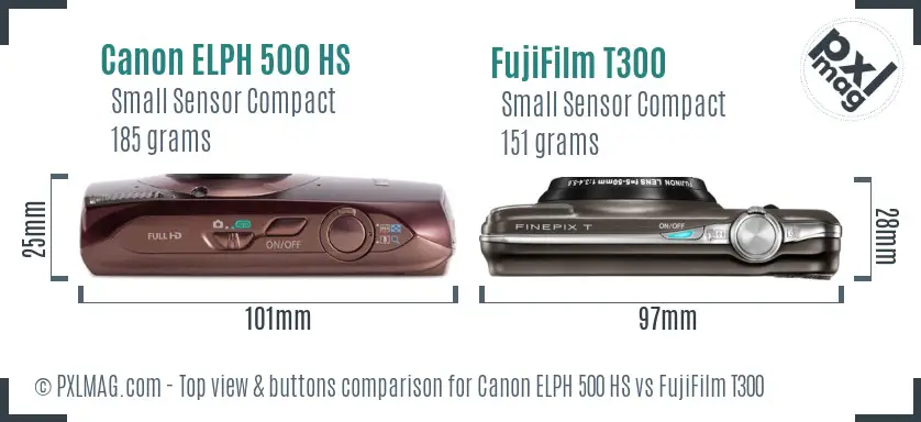Canon ELPH 500 HS vs FujiFilm T300 top view buttons comparison